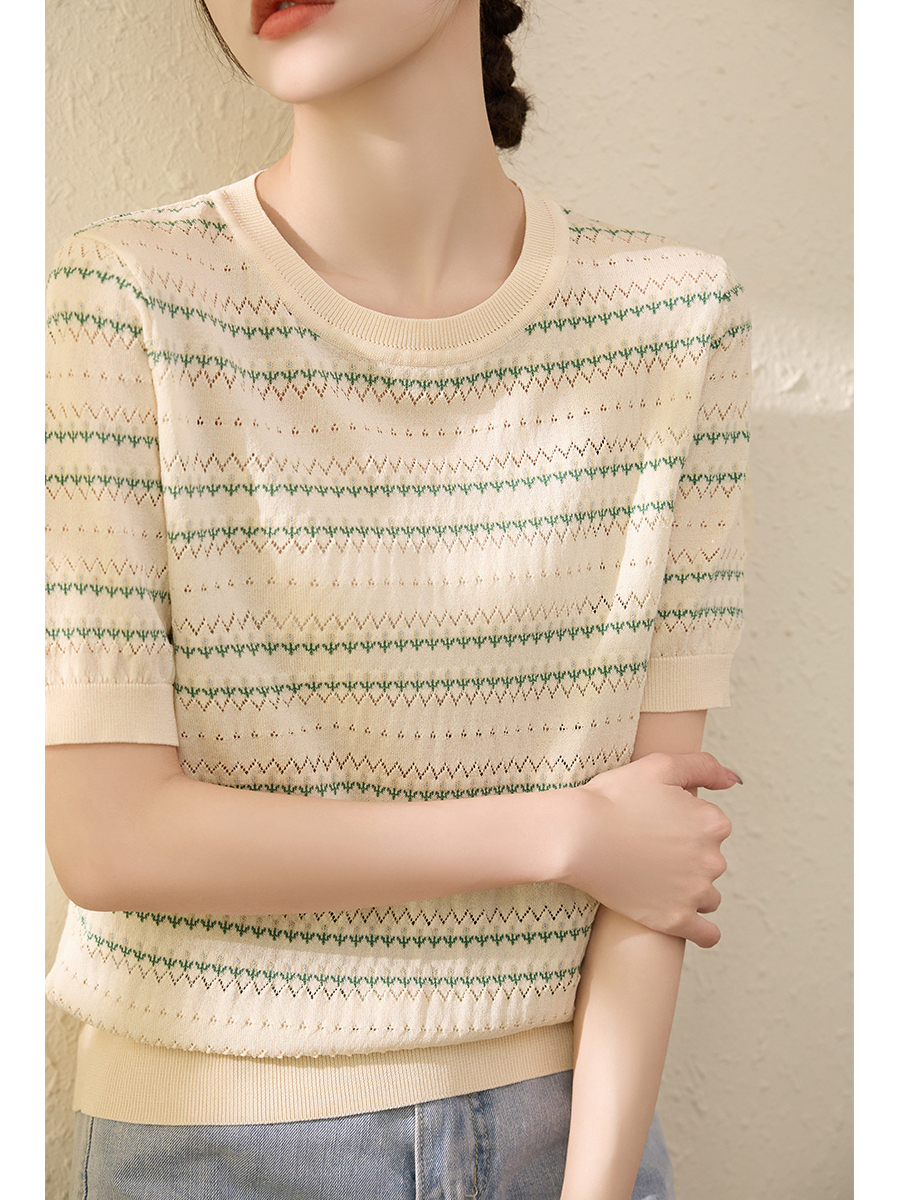 夏季舒适透气圆领短袖t恤条纹薄款宽松显瘦针织衫提花挑孔上衣女