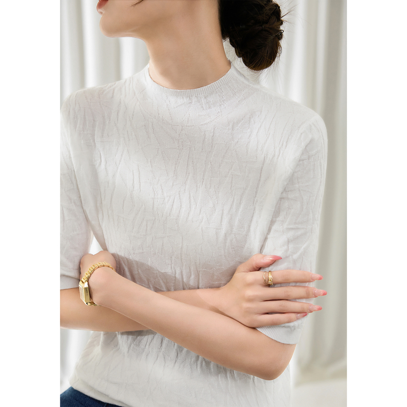 White Minimalist Design Textured Knit Sweater for Women, Autumn Slim Fit Half-High Collar Mid-Sleeve Merino Wool Base Shirt Top White Minimalist Design Textured Knit Sweater for Women, Autumn Slim Fit Half-High Collar Mid-Sleeve Merino Wool Base Shirt Top