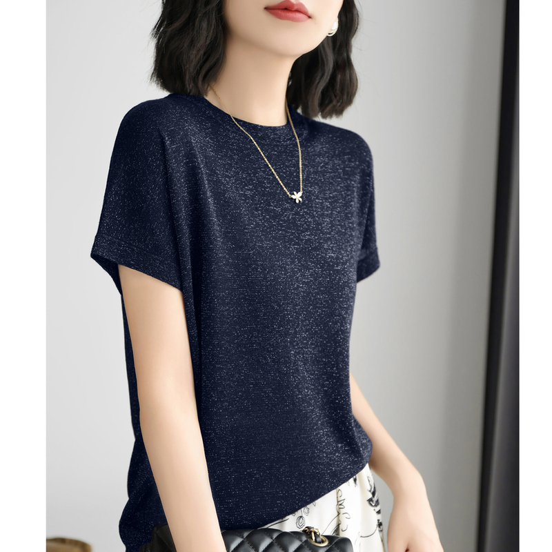 New Loose Round-Neck Short-Sleeve T-Shirt, Summer Thin Lyocell Tencel Starry Yarn Knit Top, Ice Silk Blouse for Women New Loose Round-Neck Short-Sleeve T-Shirt, Summer Thin Lyocell Tencel Starry Yarn Knit Top, Ice Silk Blouse for Women