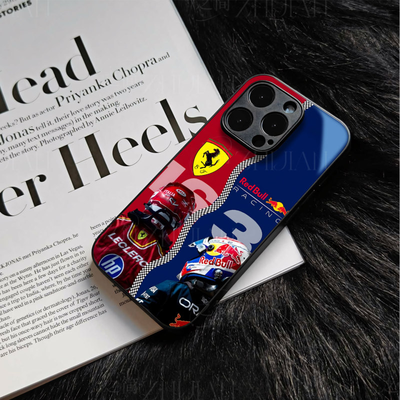Ferrari Red Bull F1 Magnetic Matte Black Frame Electroplated Glass Phone Case Suitable for Apple iPhone 17 Pro Max, Huawei Vivo S18 Pro, Iqoo 15, Iqoo 15 Ultra, Nova 14 Pro