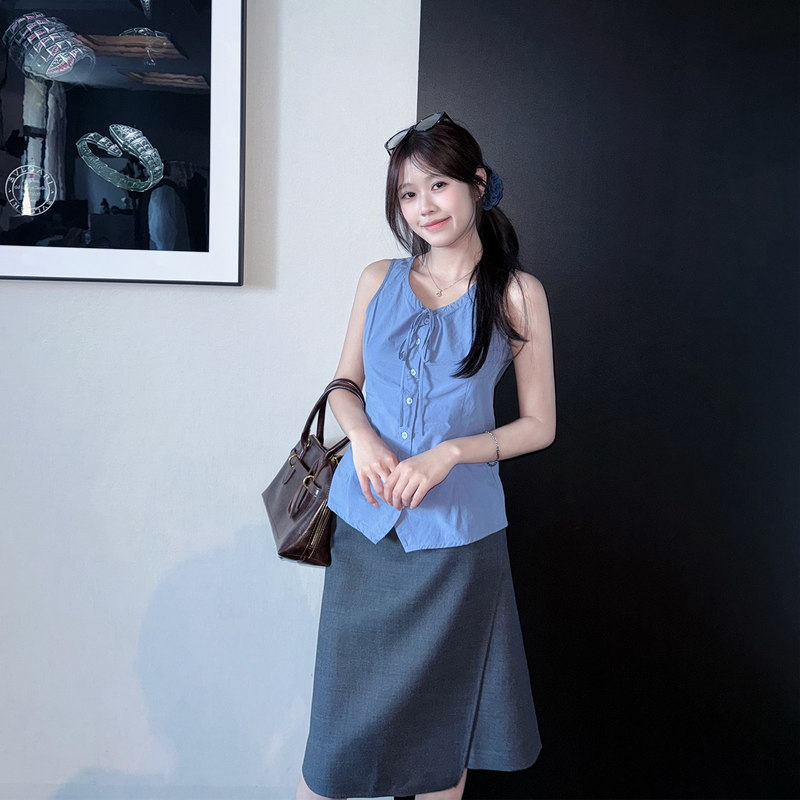 Aassss Summer Bow-Tie Sleeveless Shirt for Women, Single-Breasted Elegant Vest, Blue High-End Feel Waistcoat