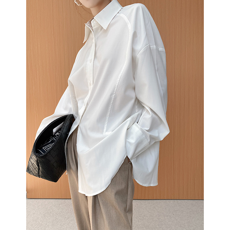 Wan Dayi Loose White Shirt for Women, Spring and Autumn, High-End Design, Niche Top, Loose Fit, Drapey Black Stylish Shirt