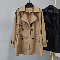 Korean genuine leather clothing for women in autumn and winter new suit collar waist mid-length classic double-breasted temperament long-sleeved leather windbreaker