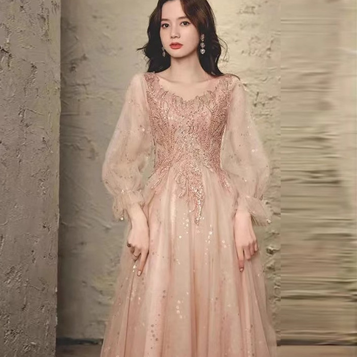 Elegant Banquet-Style Host Evening Dress, Coming-Of-Age Ceremony Piano Performance Dress, Vocal Long-Sleeve Art Exam Dress
