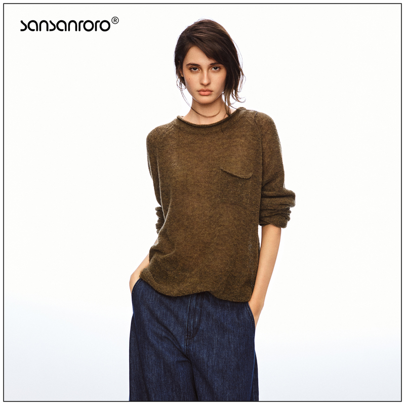 Sansanroro* Retro Sheep Wool Cloud-Like Pocket Rolled Edge Lazy Wool Pullover Sweater Sansanroro* Retro Sheep Wool Cloud-Like Pocket Rolled Edge Lazy Wool Pullover Sweater