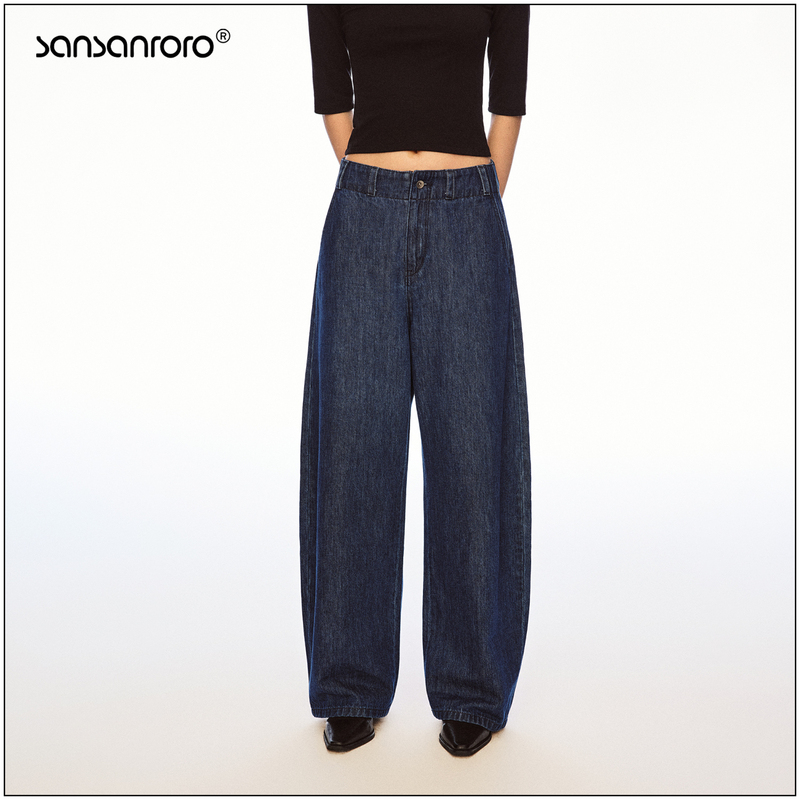 Sansanroro* Retro Washed Deep Sea Blue Embroidered Original Color Denim Curved Scimitar Casual Pants