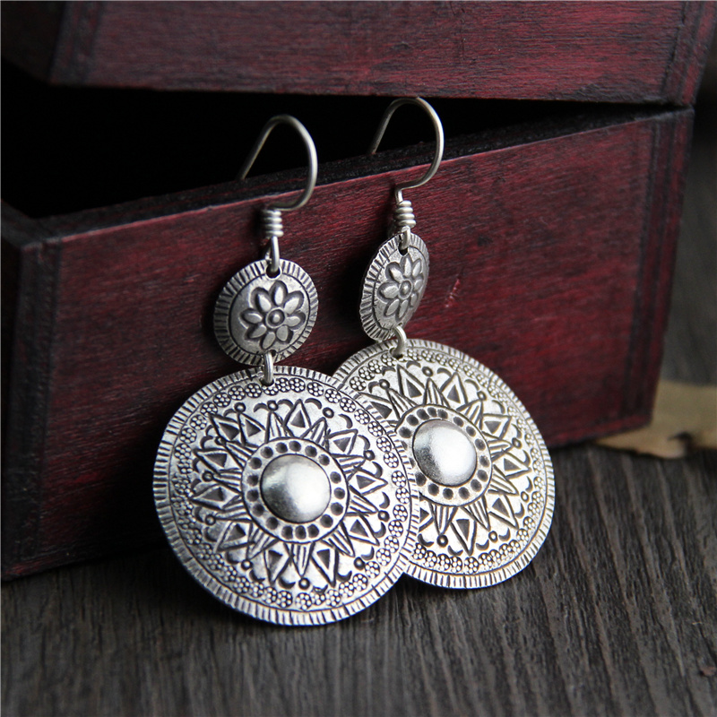 Silver Qi Silver Jewelry Thailand Chiang Mai Handmade Silver 925 Sterling Silver Thai Silver Retro Ladies Exaggerated Earrings