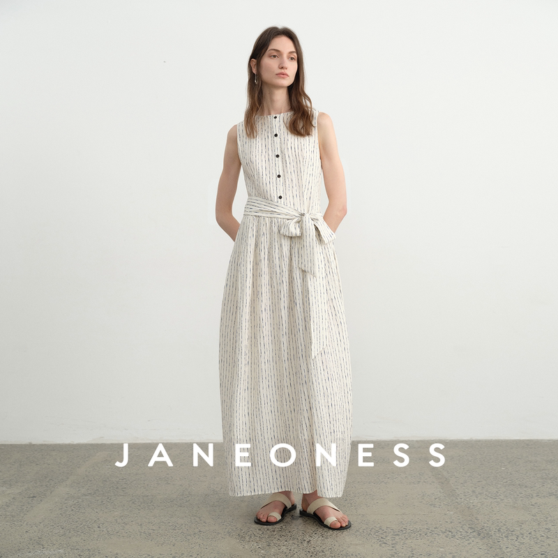 Janeoness Lyocell French-Style Tie-Waist Striped Puff Sleeveless Elegant Tank Dress for Women in Summer