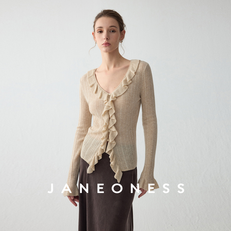 Janeoness Wool Acetate Blend 14-Gauge Asymmetrical Ruffle Design Slim-Fit Knit Cardigan Top