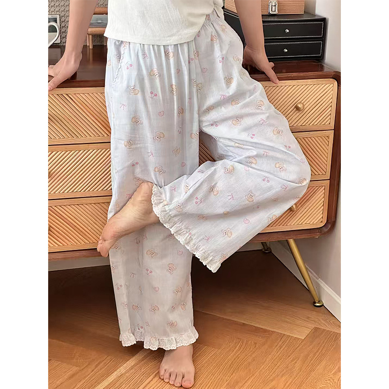 Korean Style Sweet Girl Pajamas That Can Be Worn Outside in Summer, Students' Thin Cotton Cartoon Pure Cotton Home Trousers with Flap Pocket Pantss