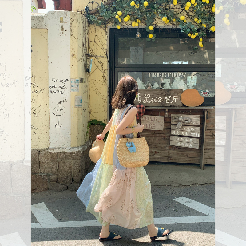 Jc Vintage Store "Honeydew Sea Salt" Summer Sea Breeze Patchwork Vintage Heavy-Duty Dress