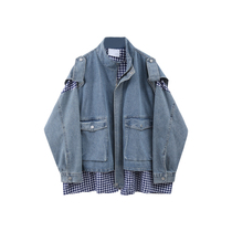 CIVICERA lattice splicing fake two-piece denim jacket female autumn fit 2022 new Korean version loose long sleeves
