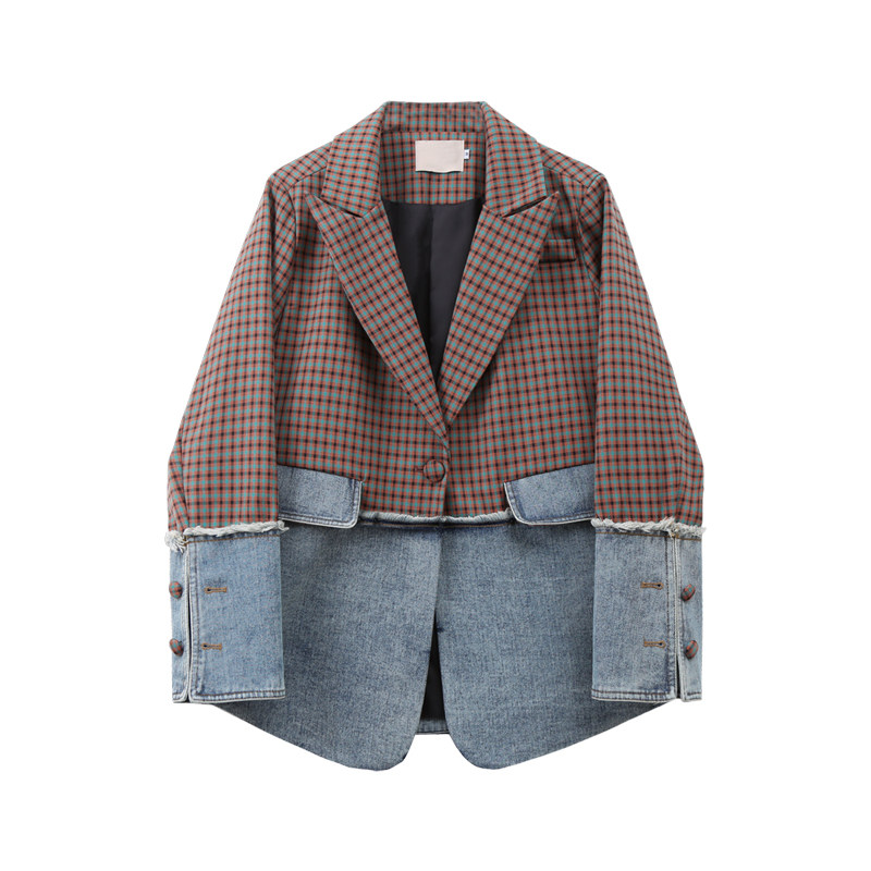 C Plaid Splicing Cowboy Suit Woman Jacket Autumn Clothing 2022 new loose retro Korean version Little crowdsourced design Western suit