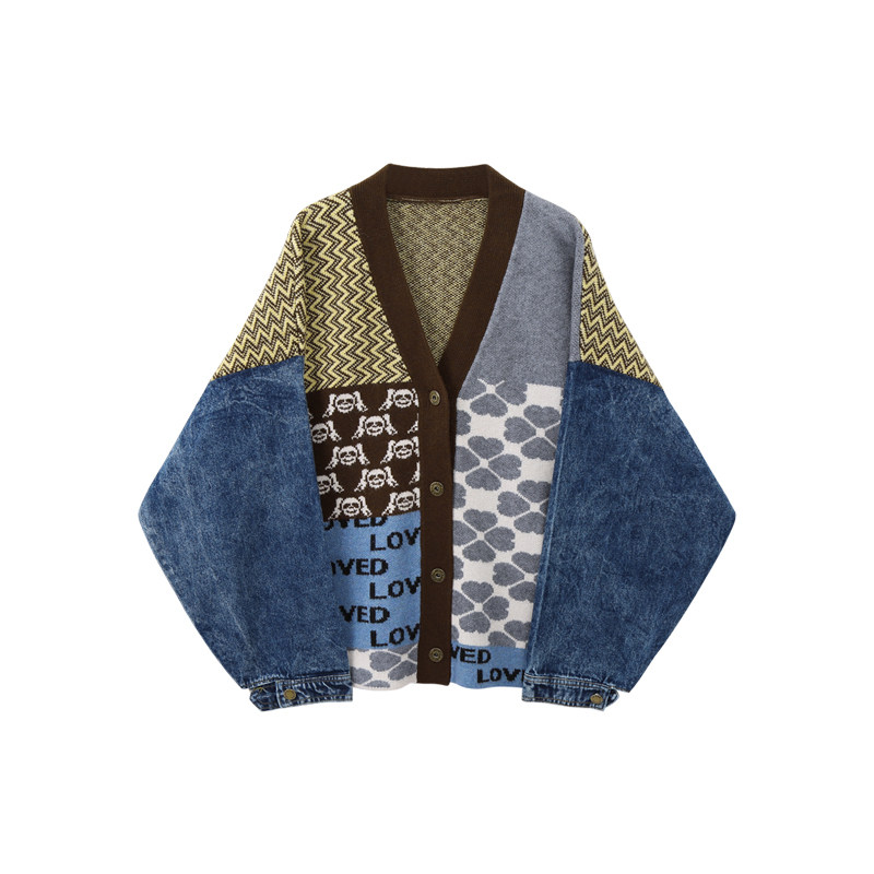 CIVICERA denim stitching sweater coat women's autumn 2022 new Korean version loose jacquard cardigan trend