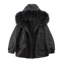 CIVICERA Lianhood Genuine Fur Collar Thickened Fur Coat Woman Winter 2022 New Korean Version Loose PU Leather Jacket