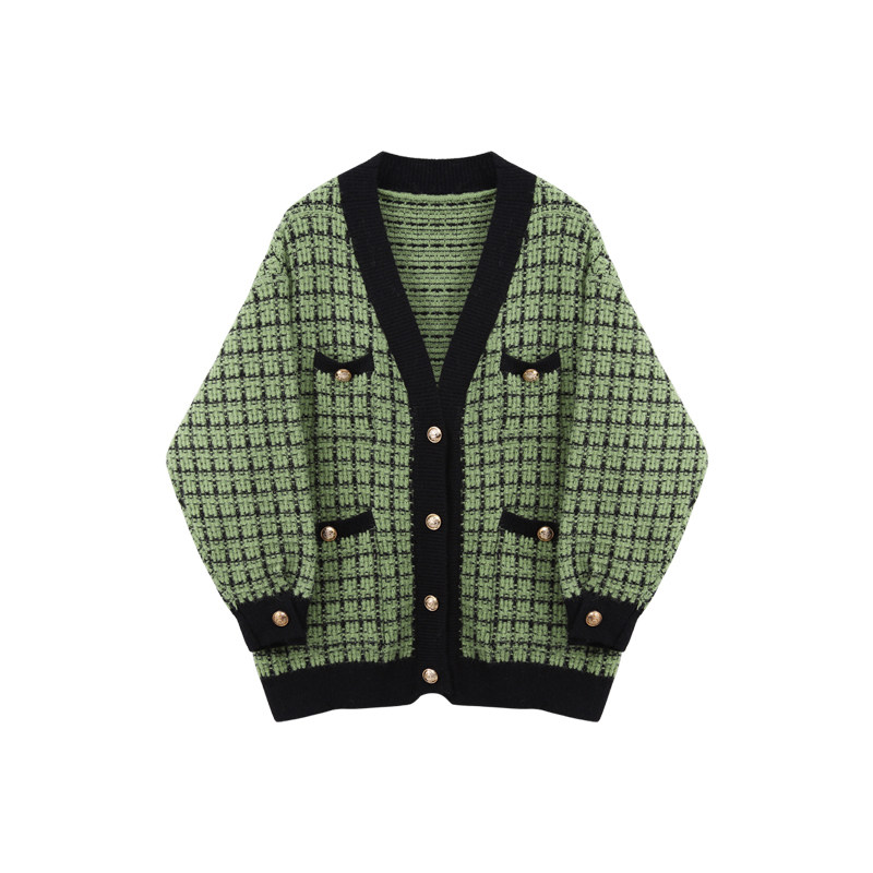 CIVICERA Plaid Sweater Jacket Women's Spring 2022 New Loose Small Fragrance Cardigan Knitted Top
