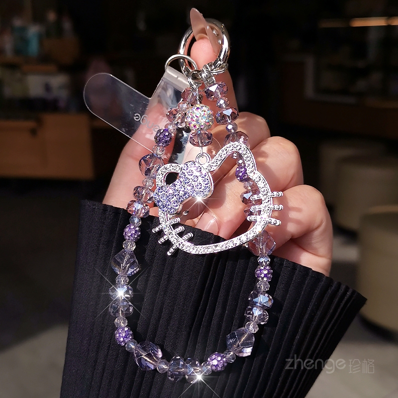 Cute Rhinestone Cat Pendant Phone Chain Lanyard, Fashionable High-End Crystal Beaded Charm Keychain Accessory, Durable