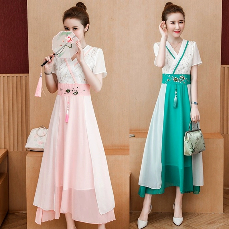 Phong cách Trung Quốc thêu cải tiến váy Hanfu siêu tiên mùa hè mới khí chất thanh lịch retro giữa váy dài - Sản phẩm HOT