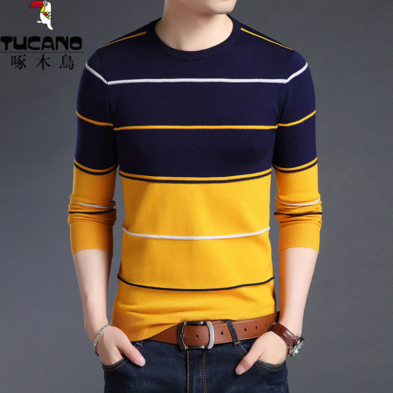 Woodpecker spring and autumn round neck long-sleeved T-shirt men's thin youth bottoming sweater trendy slim men's sweater