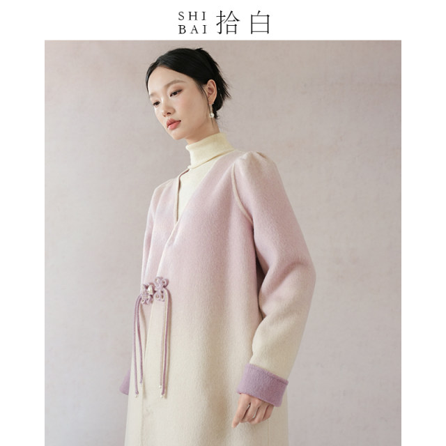SHIBAI拾白文艺复古气质秋冬新中式渐变紫双面羊绒毛呢大衣女外套