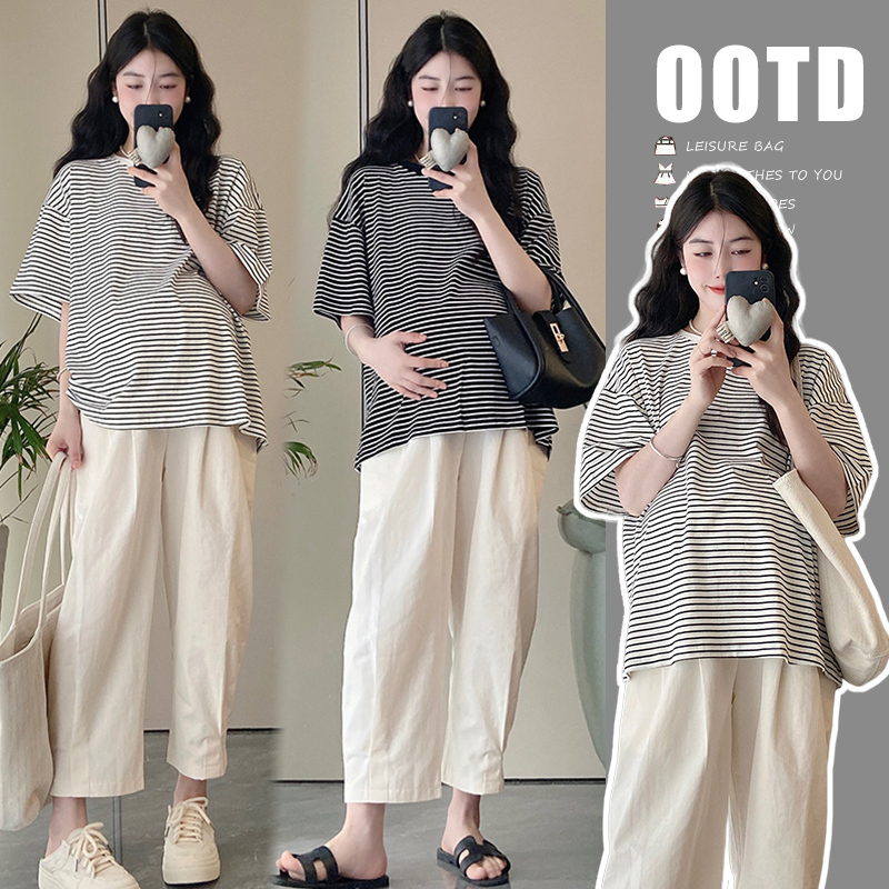 British Dhwa Maternity Suit Summer 2026 New Striped Short-Sleeved Pure Cotton Loose Casual Wide-Leg Harem Pants for Women