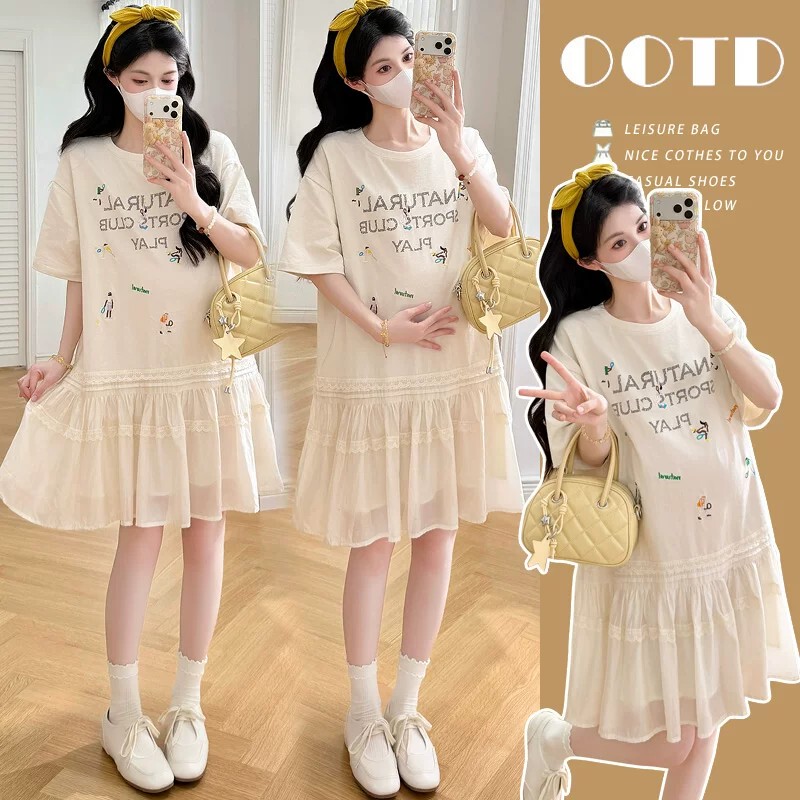 British Dhwa Maternity Summer Dress 2026 Design with Stylish Embroidery, Fashionable and Versatile, Slimming Round Neck Short-Sleeve Dress
