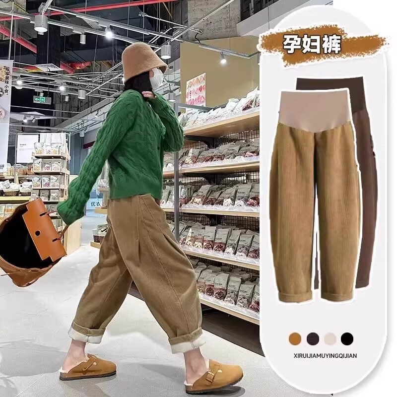 British Dhwa Maternity Pants, New Corduroy Casual Belly-Supporting Wide-Leg Pants with Fleece for Petite Women, Autumn and Winter British Dhwa Maternity Pants, New Corduroy Casual Belly-Supporting Wide-Leg Pants with Fleece for Petite Women, Autumn and Winter