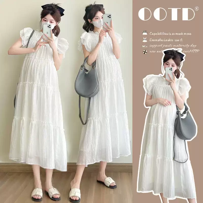 British Dhwa Maternity Wear Summer 2026 New Trendy Ruffled Fairy-Like Plus-Size Dress That Covers the Belly and Makes You Look Slimmer