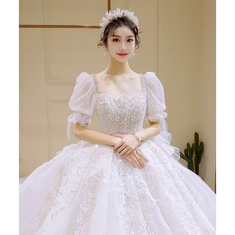 Elite wedding dress for pregnant, french style, plus size, open shoulders, suitable for teen, lace dress