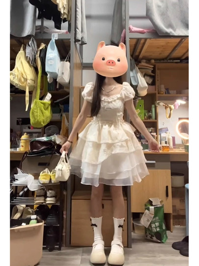 Girls' Big Kids' French Sweet and Cool Dress, Summer High-End Style, Runaway Princess Waist-Cinching Puffy Cake Skirt, Short Skirt