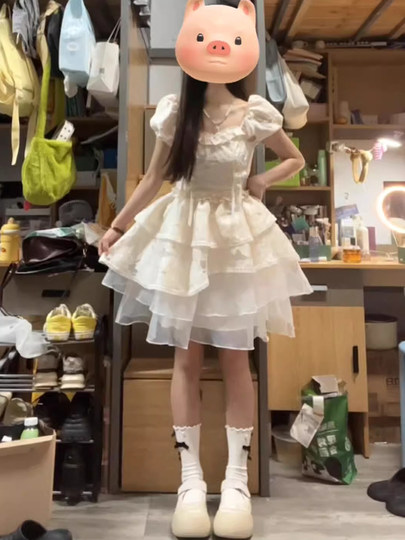 Girls' Big Kids' French Sweet and Cool Dress, Summer High-End Style, Runaway Princess Waist-Cinching Puffy Cake Skirt, Short Skirt