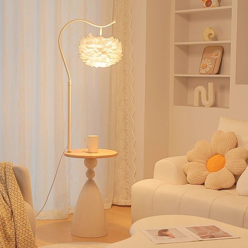 Internet-Famous Cream-Style Feather Floor Lamp for Bedroom and Living Room with Remote Control, Integrated Shelf, Bedside Table, Princess Atmosphere Table Lamp