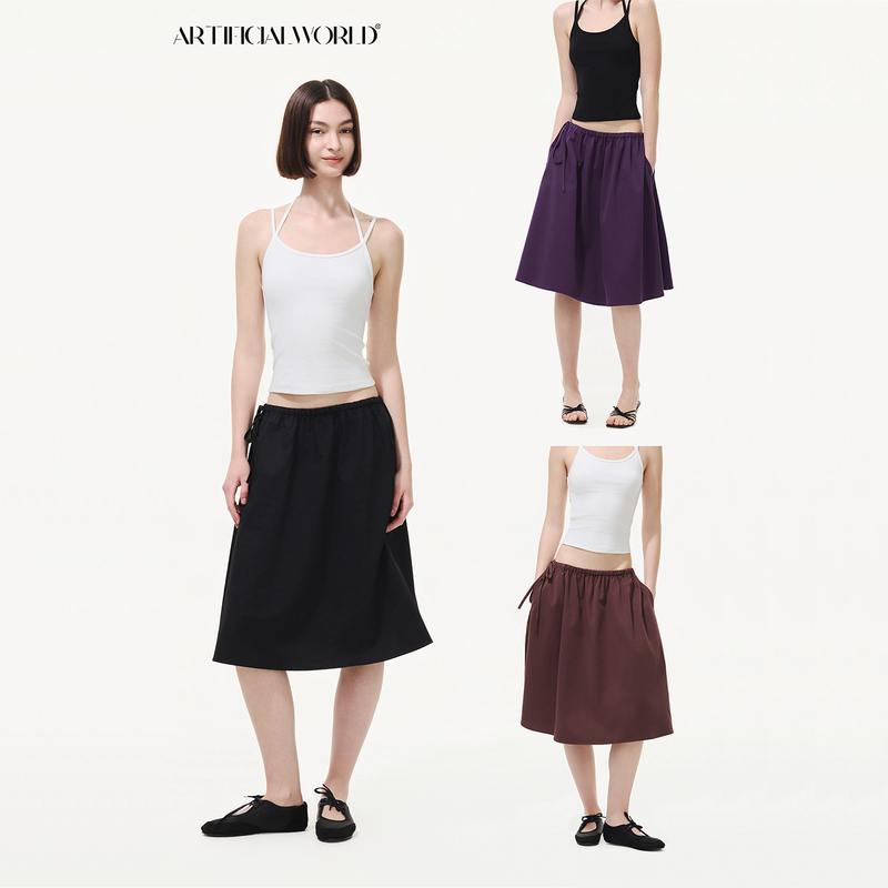 Artificial World Pure Cotton Tie-Up Purple A-Line Umbrella Skirt Loose Mid-Length Puffy Skirt Black Artificial World Pure Cotton Tie-Up Purple A-Line Umbrella Skirt Loose Mid-Length Puffy Skirt Black