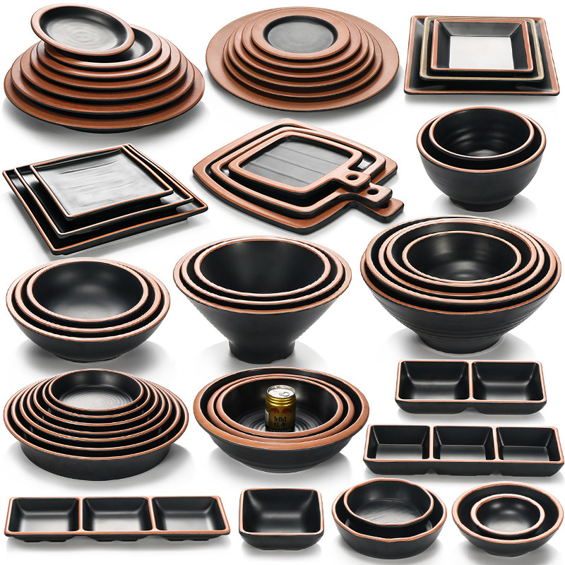 Retro Day Type Melamine Grilled Meat Cold Dish Pan Barbecue Pan Hot Pot Three-G Seasoning Dish Imitation Porcelain Taste one thousand Pull Noodles Bowl Large Bowl