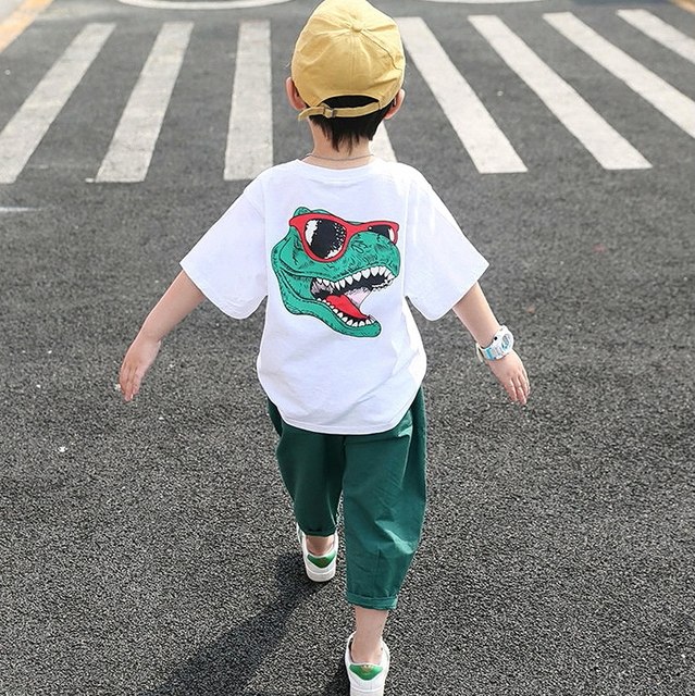 2023 New Dynamic T-shirt Two-piece T-shirt Western Style Boys Summer Suit Baby Children Casual Sports Korean Version