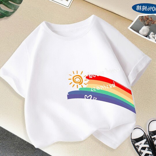 新款短袖纯棉t恤女童彩虹图案半袖儿童百搭男童卡通韩版上衣薄款