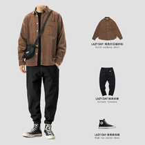 LAZY DAY spring and autumn mens clothing set with handsome Japanese retro corduroy shirt long-sleeved loose shirt