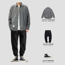 LAZY DAY Spring and autumn Japanese retro striped shirt mens set with handsome loose casual suit men