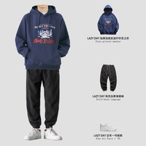 LAZY DAY autumn and winter cartoon printing plus velvet sweater men hooded loose trend wild men with casual pants