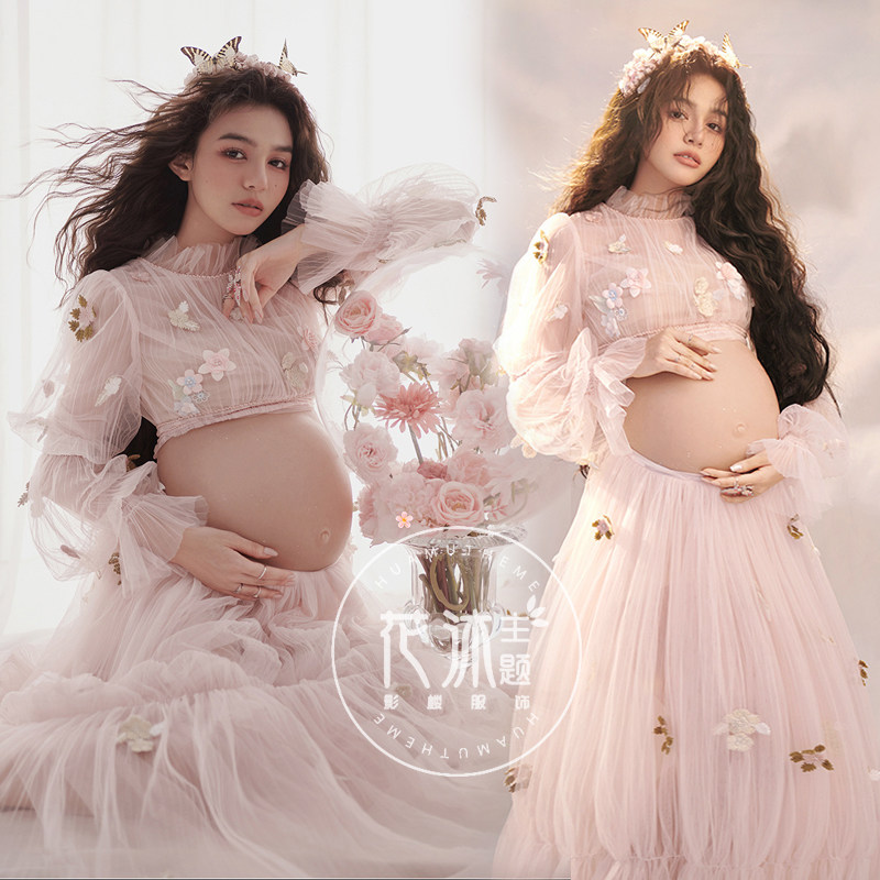 22 Spring new photo gallery Pregnant Woman Photos of Clothing Pink Flowers Fairy Web Veil Dress Surrogacy Dresses Big Belly Clothes