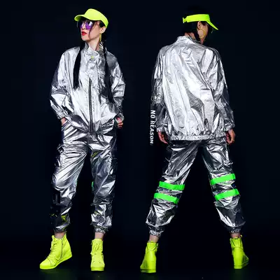 hiphop dance clothes female hip-hop hip-hop jazz dance suit silver loose square trotting dance overalls