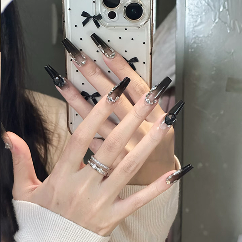 Nail Art Wearable Nails Cool Sweet Cool Black Gradient Glass Light Luxury High-End Feel Personalized Versatile Brightening Handmade Nails
