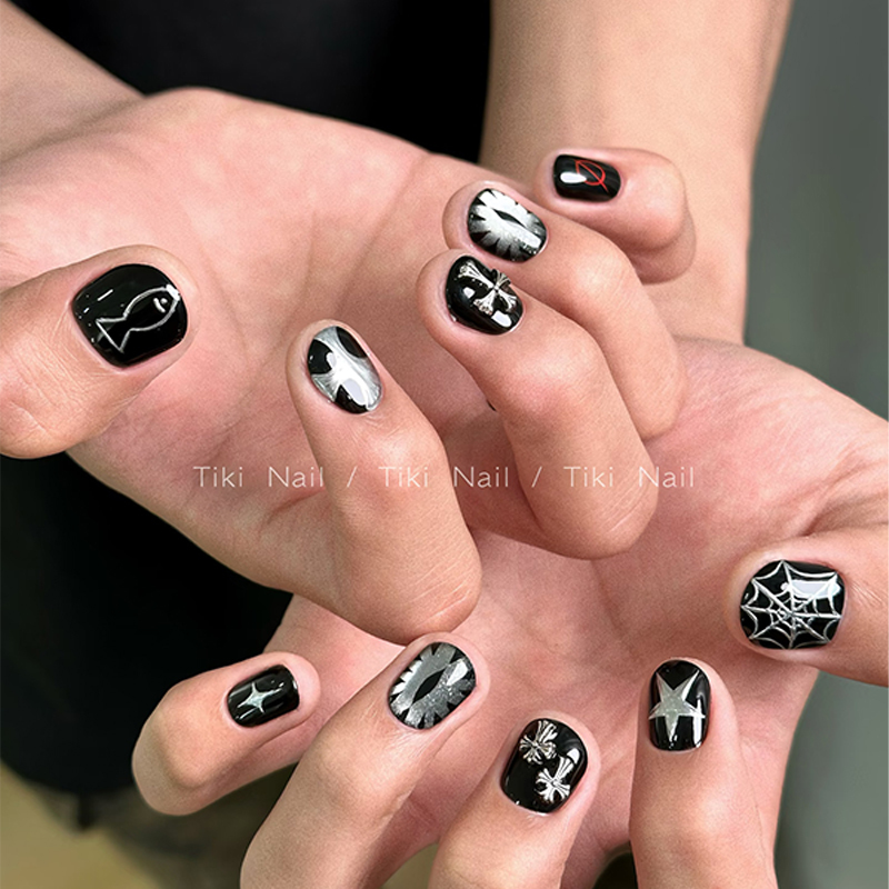 Black Cross Star Pattern Manicure Wearable Short Manicure Nail Tips Cosplay Personalized Nail Stickers Black Cross Star Pattern Manicure Wearable Short Manicure Nail Tips Cosplay Personalized Nail Stickers