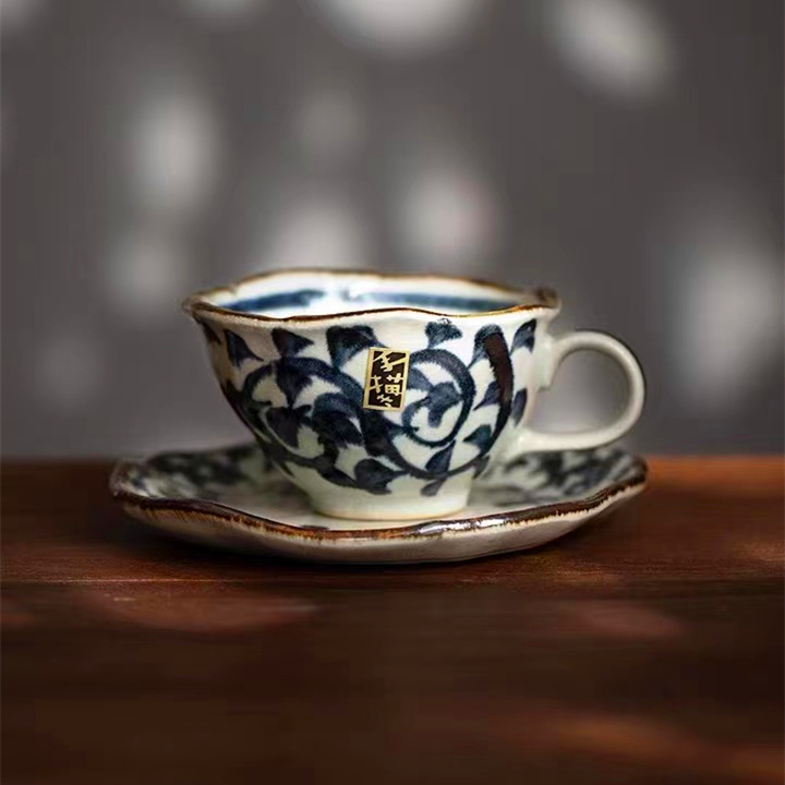 Spot Japan Imported Beauty Thick Burning Hand-painted Ceramic Cup Cherry Blossom Retro Coarse Pottery Coffee Cup Tea Cup Saucer Suit