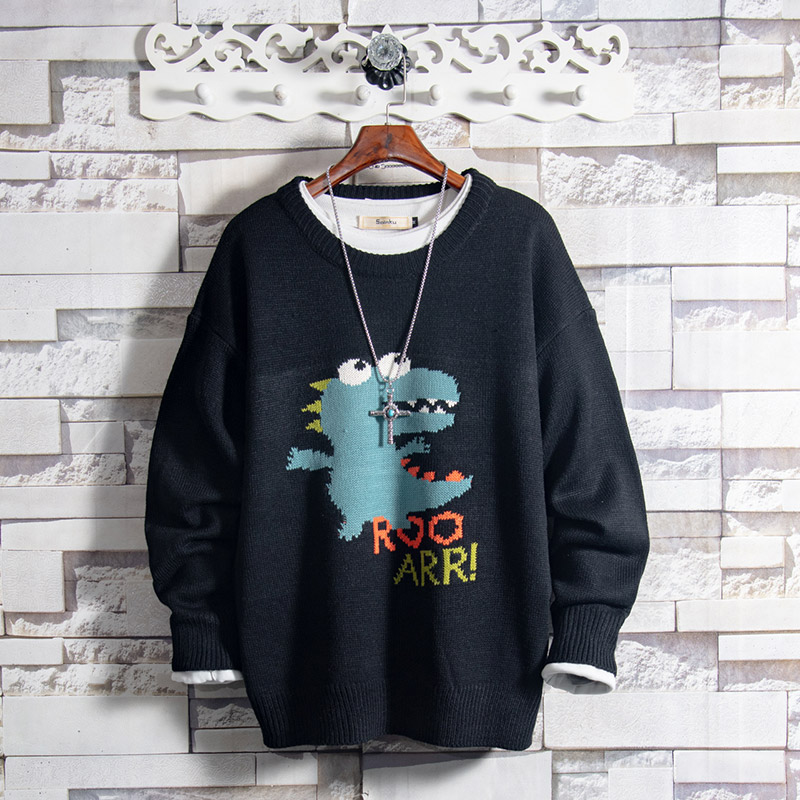 Sugar rose special price small dinosaur printed sweater men's Korean version youth trend autumn and winter bottoming sweater