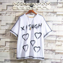 Clearance white sugar rose 22 ink dyed love pattern printed short-sleeved T-shirt mens summer loose tide brand top tide