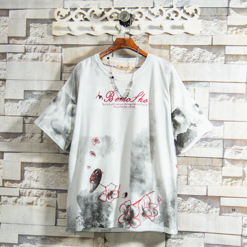 BTMG White Sugar Roses 22 Chinese smoked ink painting pattern embroidered short sleeve T-shirt men in summer loose