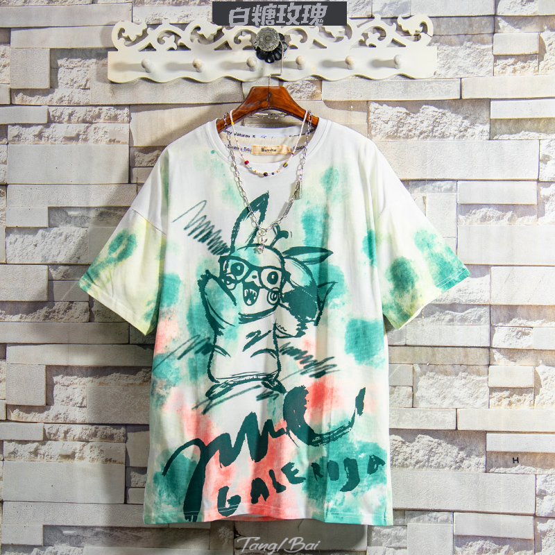 BTMG White Sugar Rose 22 cartoon graffiti pattern short sleeve T shirt men summer relaxed body shirt and breathable tops