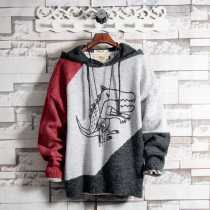 Sugar rose special color dinosaur print hooded sweater mens autumn and winter hooded bottom warm sweater