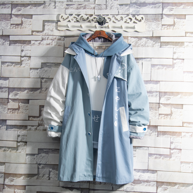 Sugar rose 2023 blue cat mid-length windbreaker jacket boy handsome spring and autumn new Japanese trend